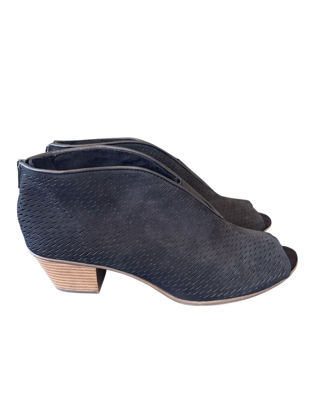 Earth Origins Carlon Carmen Black Suede‎ Open Toe Stacked Heel Bootie Size 11